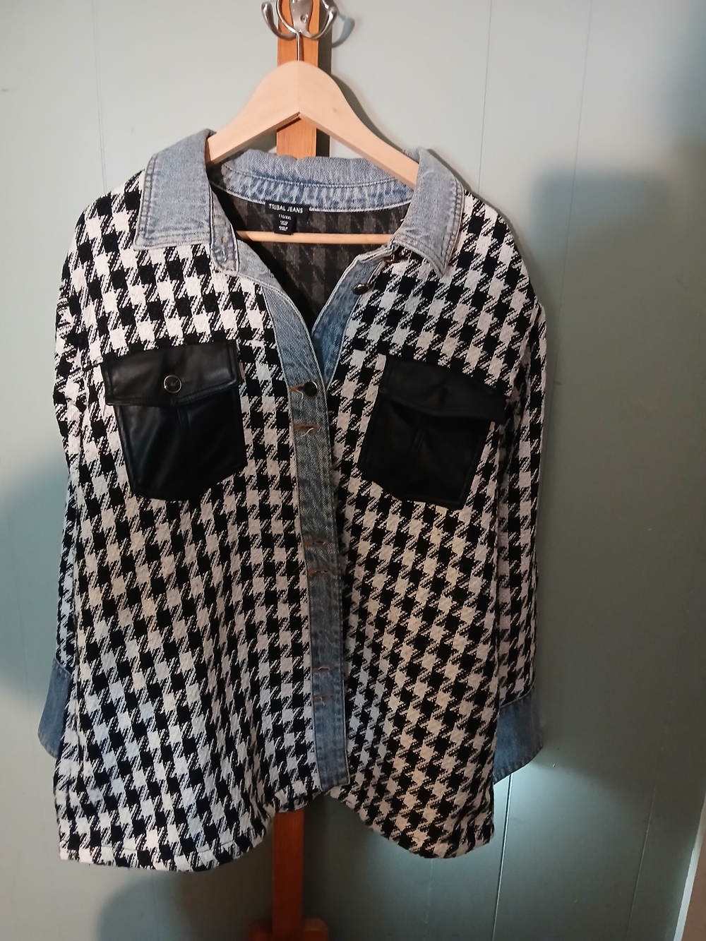 Black & White Houndstooth Jean Jacket with Faux Leather Pockets -